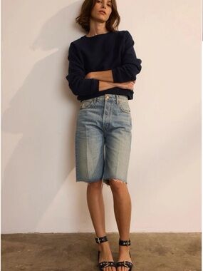 Jamie Haller Knee Cut Denim Shorts Worn Indigo 25 May fit 26